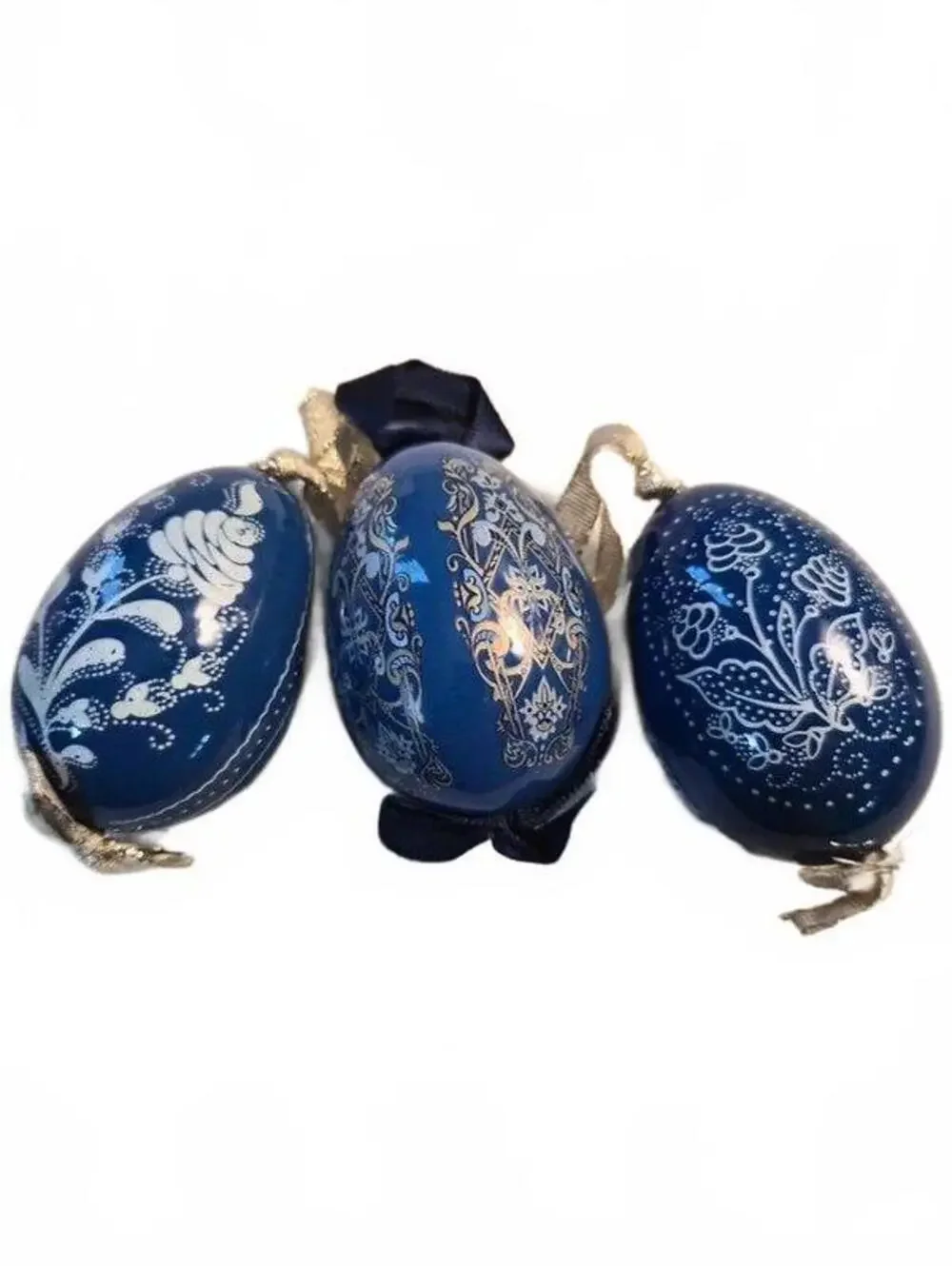 Set of 3 Hand Painted Blue Lacquer Hanging Egg Ornaments Vintage Folk Art